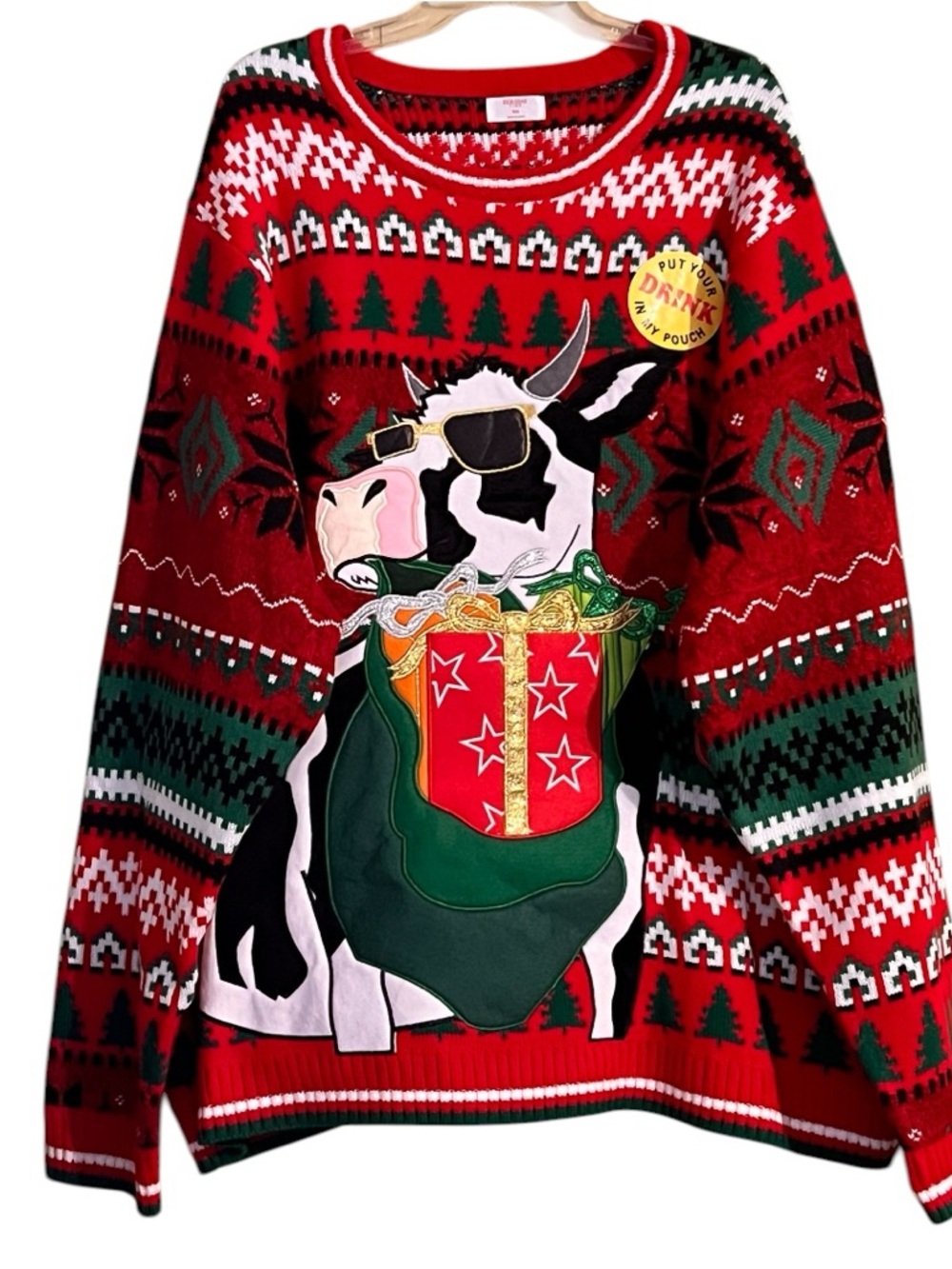Men’s Holiday Time Red Cow Christmas Crewneck Sweater with Cup Holder Pocket 3XL